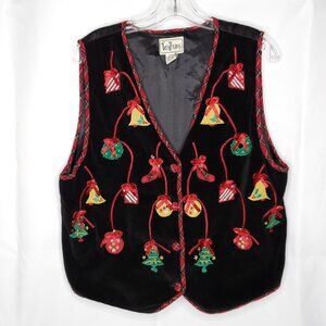 Vintage Ugly Christmas Vest Sz L Embroidered Black Velvet Ornaments Tree Wreath